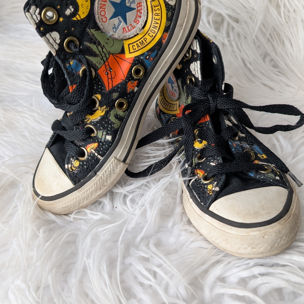 Rare Converse Kids High-Top Sneakers - Black Camping Graphics! 🔥 ⛺ 🌲